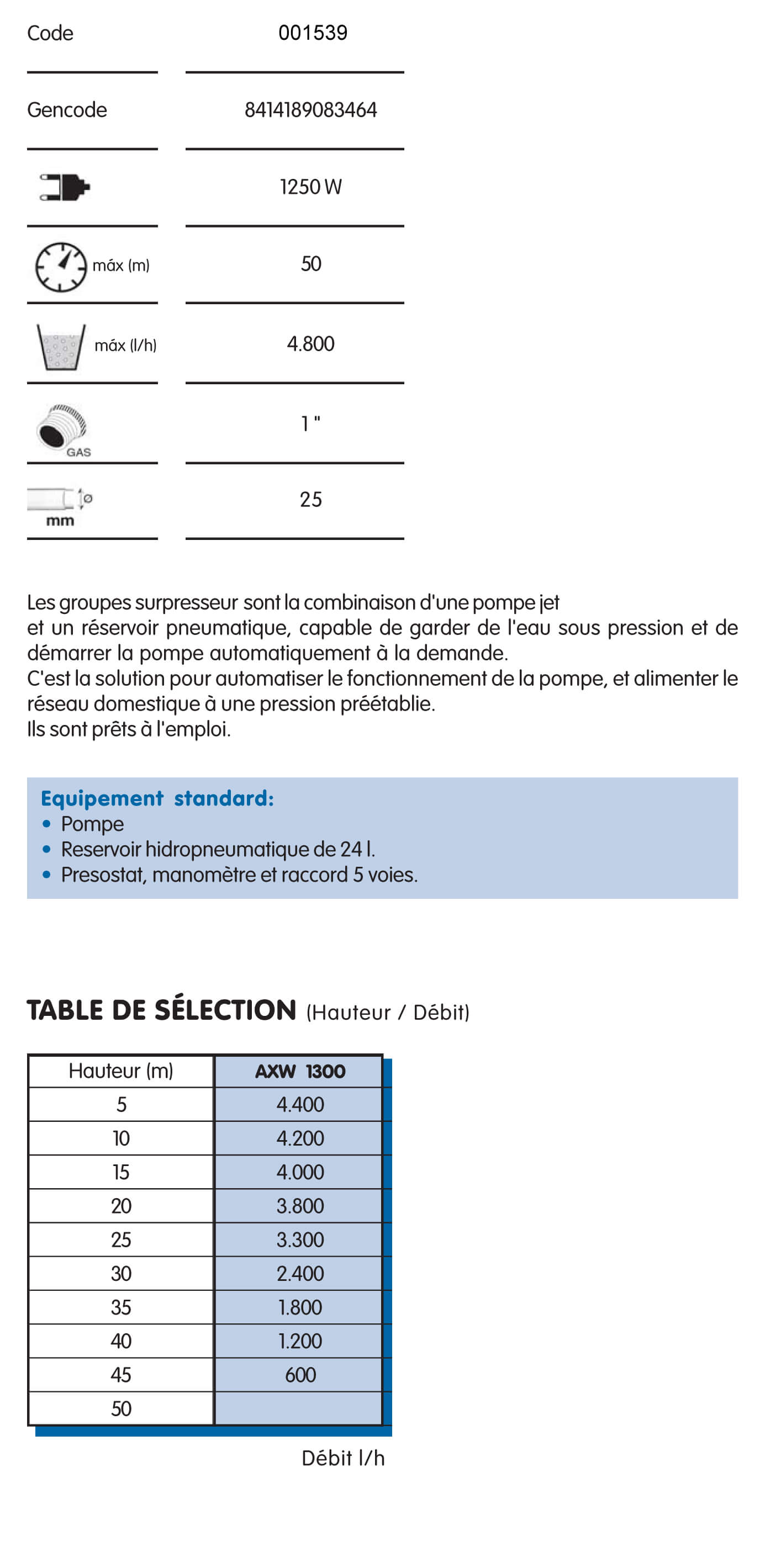 Caractéristiques Techniques groupe surpresseur 1300